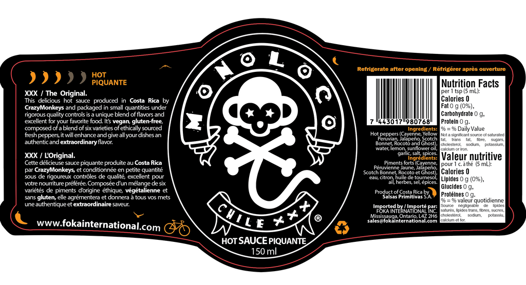 Packaging design of MONOLOCO Chile XXX Hot Sauce featuring nutritional facts, ingredients list, and vibrant black label with the brand's signature skull and crossbones logo. The design highlights its blend of diverse peppers and its vegan, gluten-free qualities, emphasizing its origins from Costa Rica.