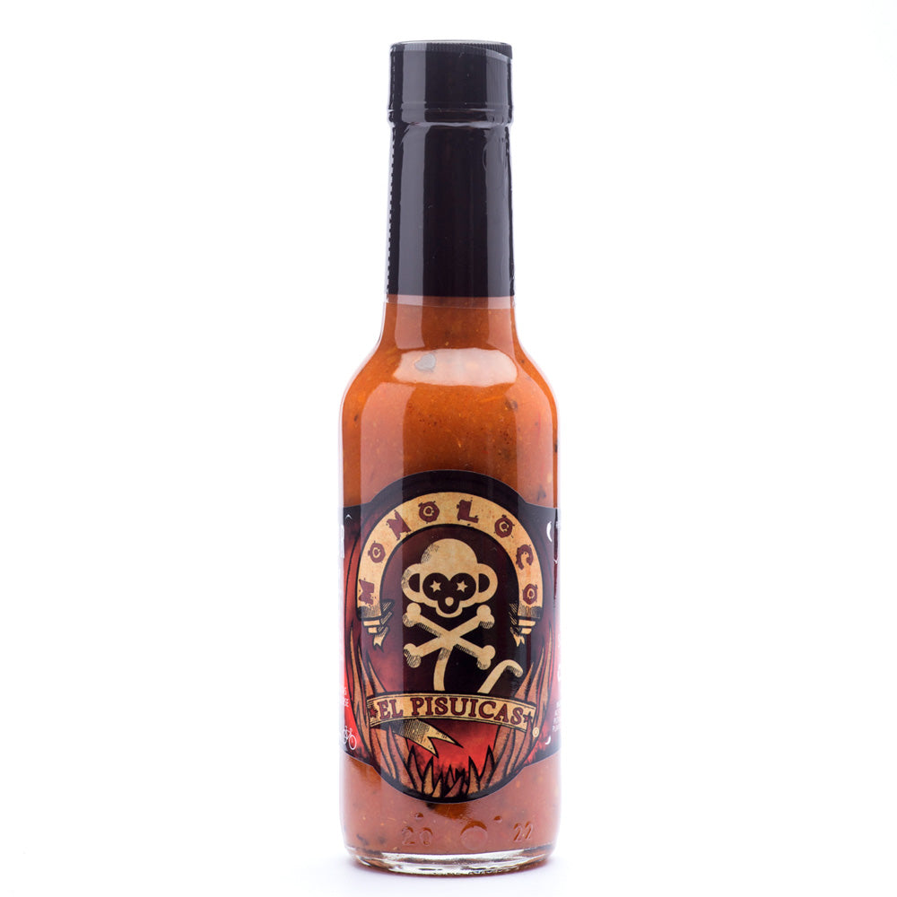 MONOLOCO El Pisuicas Hot Sauce bottle, featuring extra hot blend of Cayenne, Ghost, Rocoto, and Scotch Bonnet peppers, 150ml.