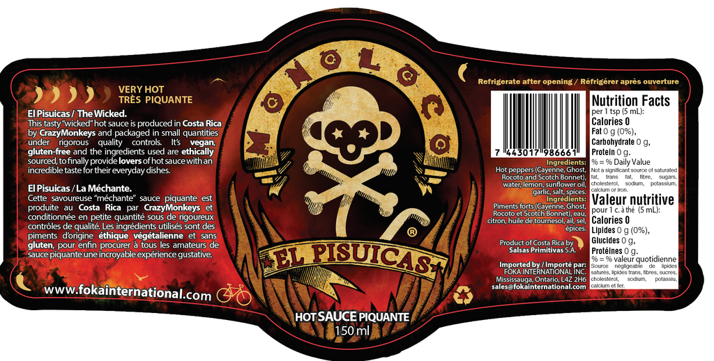 Detailed label of MONOLOCO El Pisuicas Hot Sauce featuring ingredients like Cayenne, Ghost, Rocoto, and Scotch Bonnet peppers, emphasizing its extreme heat level and vegan, gluten-free qualities.