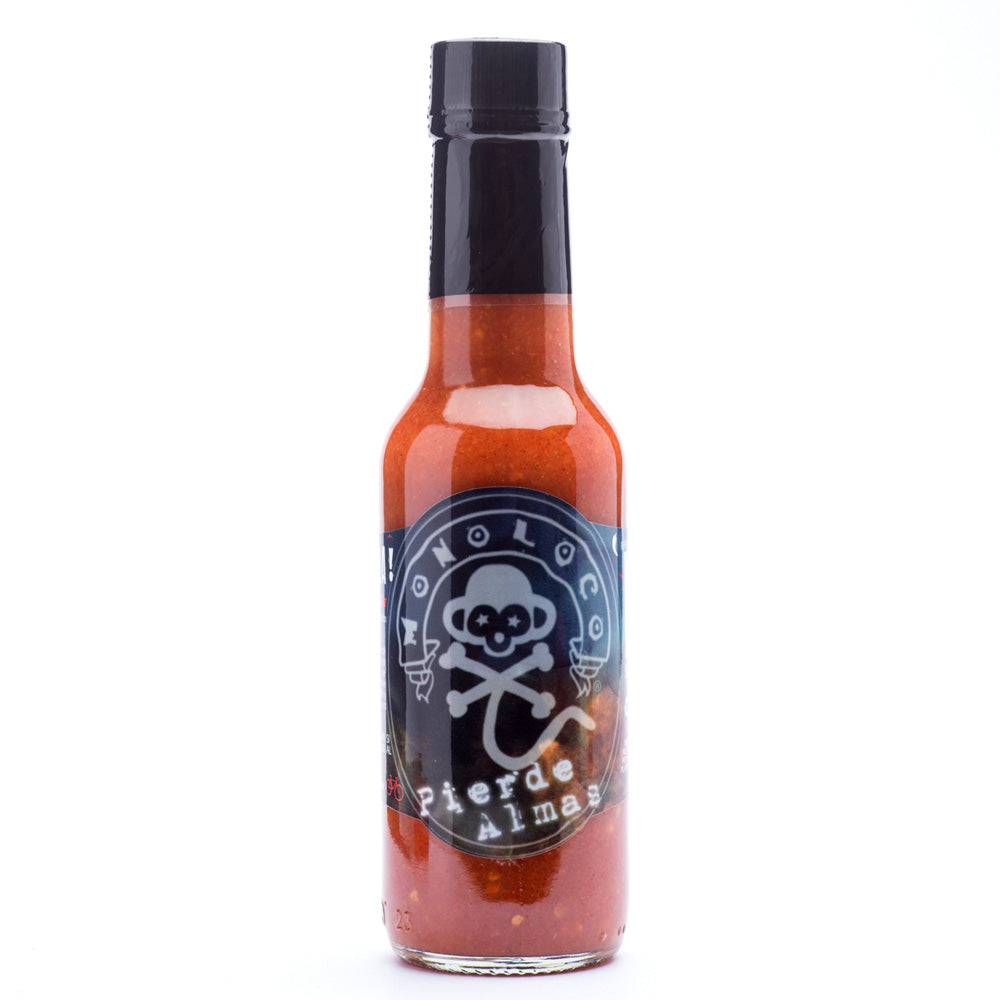 MONOLOCO Pierde Almas Hot Sauce bottle, featuring extreme heat from Ghost and Scotch Bonnet peppers, gluten-free, 150ml.