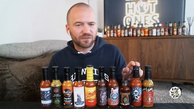 MONOLOCO Pierde Almas Hot Sauce showcased on Hot Ones, alongside other notable brands, emphasizing its extreme heat and popularity.