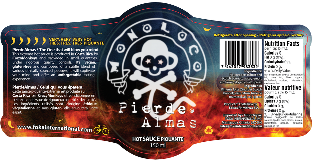 Label of MONOLOCO Pierde Almas Hot Sauce detailing extreme heat from Ghost and Scotch Bonnet peppers, ingredients, and nutrition facts for 150ml.