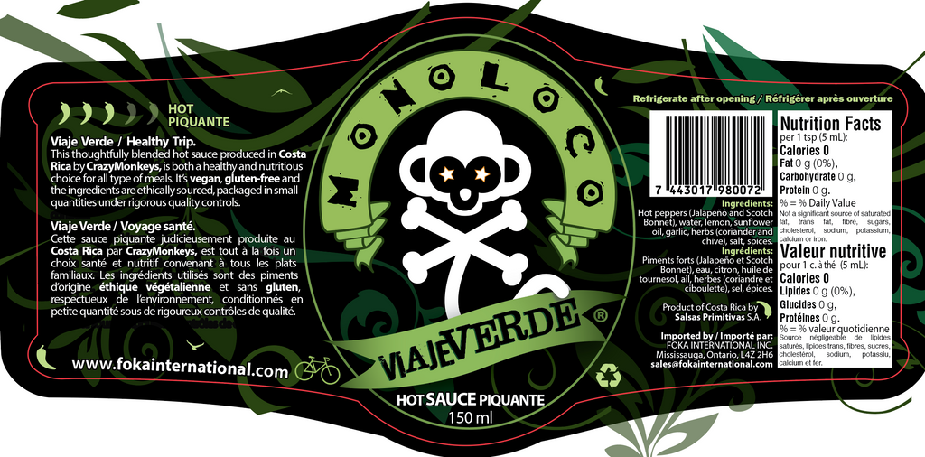 Label of MONOLOCO Viaje Verde Hot Sauce detailing ingredients like Jalapeño and Scotch Bonnet peppers, and nutritional facts for 150ml.