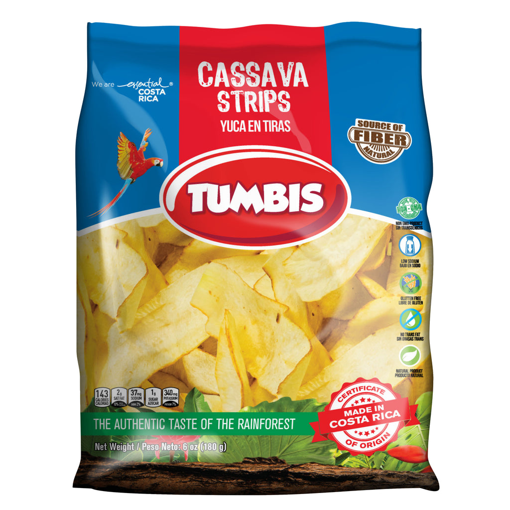 TUMBIS Cassava Strips packaging featuring fiber-rich, gluten-free cassava snacks, made in Costa Rica, with a vibrant parrot illustration.