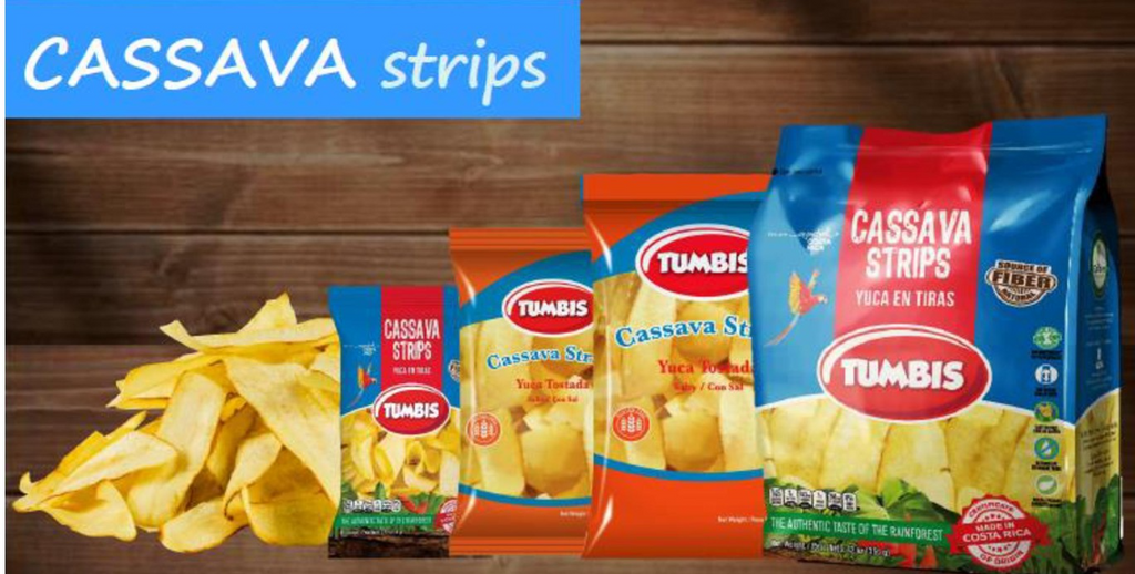 Assortment of TUMBIS Cassava Strips packages displayed on a wooden surface, emphasizing the fiber-rich and gluten-free features.