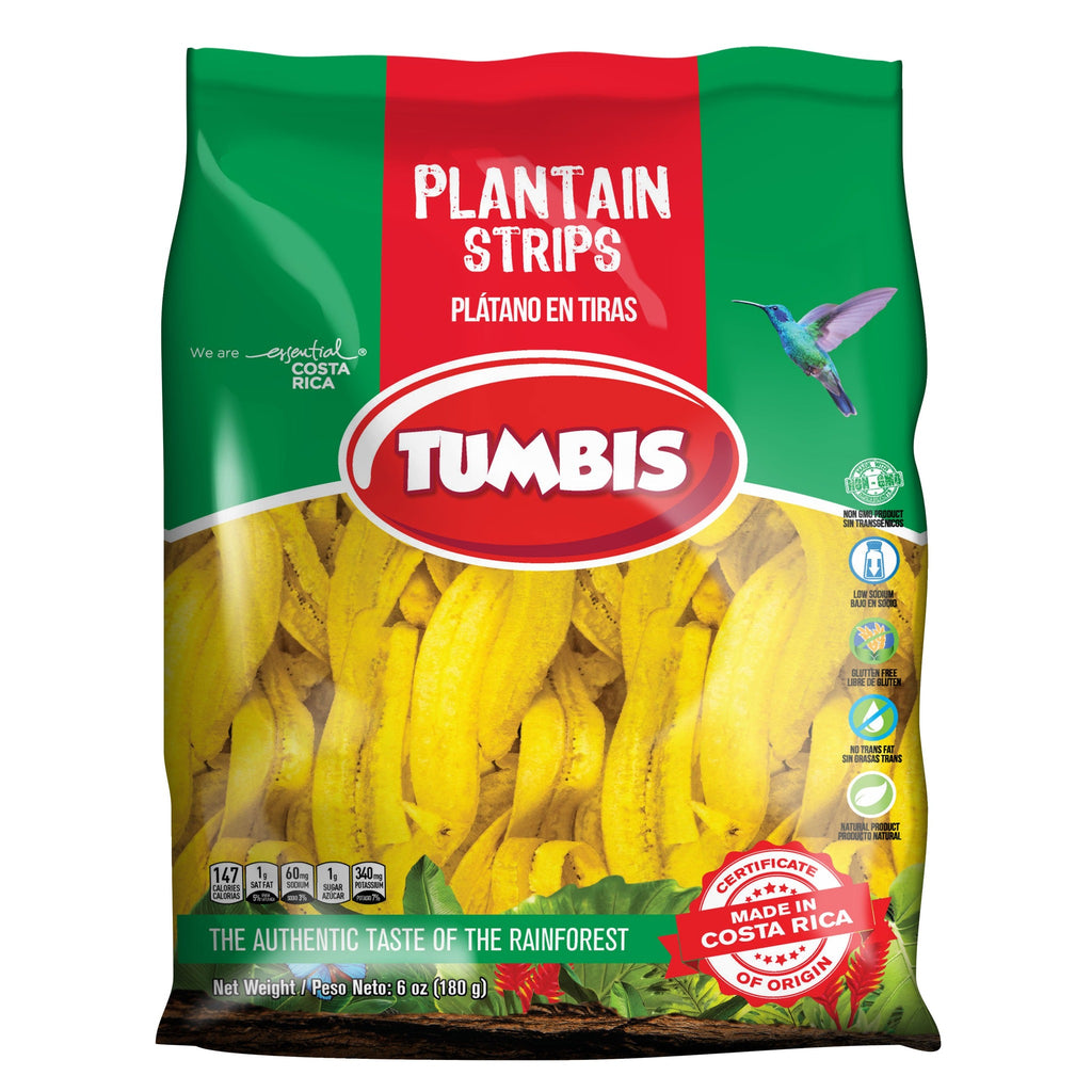 TUMBIS Green Plantain Strips in a colorful package, highlighting non-GMO and gluten-free attributes, made in Costa Rica.