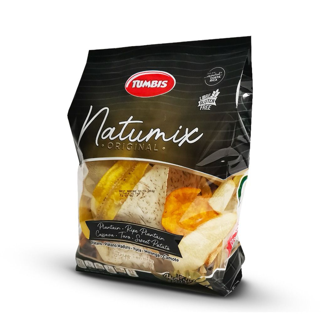 TUMBIS NATUMIX Original bag featuring a diverse mix of plantain, cassava, taro, and sweet potato strips, all gluten-free, 180g.