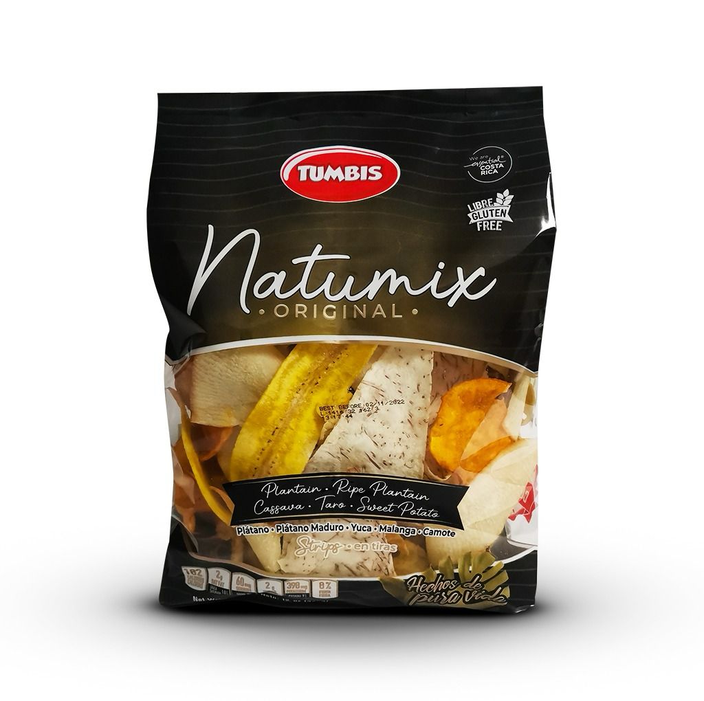 TUMBIS NATUMIX Strips bag showcasing a mix of plantain, cassava, taro, and sweet potato strips, gluten-free, 340g.