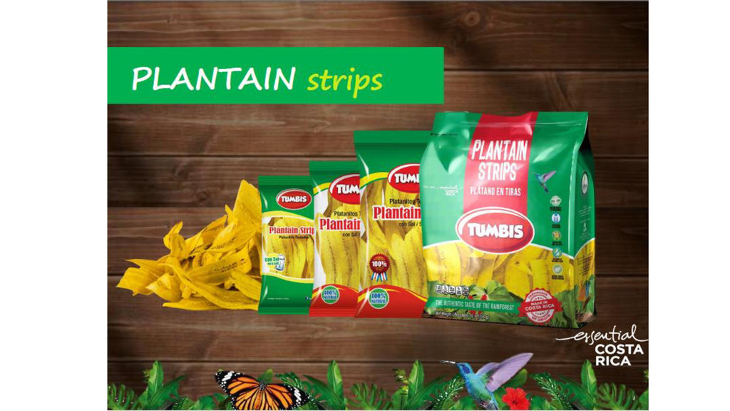 Variety pack of TUMBIS Green Plantain Strips displayed on a wooden surface, showcasing different flavors with vibrant packaging.