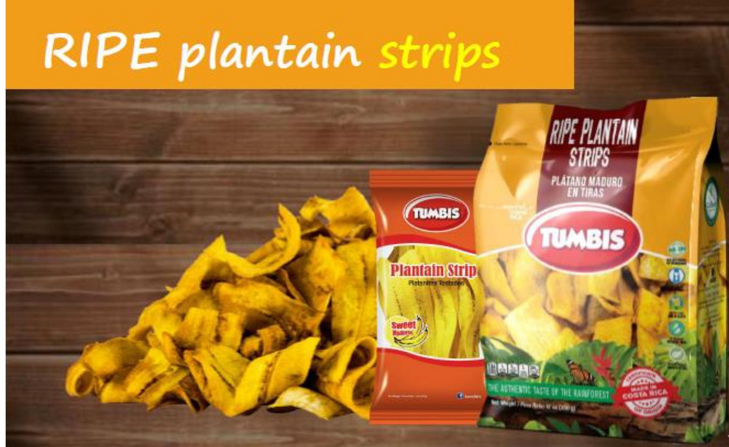 Assorted display of TUMBIS RIPE Plantain Strips, featuring the natural sweetness of ripe plantains in eco-friendly packaging.