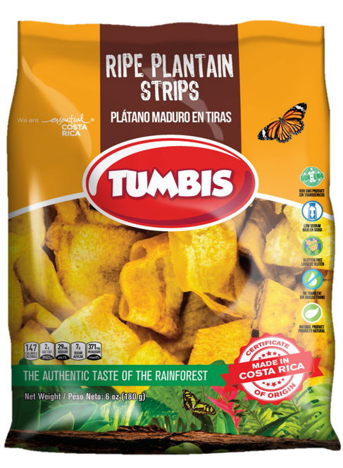 TUMBIS RIPE Plantain Strips bag showcasing naturally sweet plantain strips, certified non-GMO and gluten-free, made in Costa Rica.